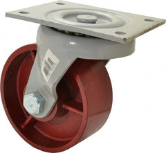 Fairbanks - 6" Diam x 2-1/2" Wide x 7-3/4" OAH Top Plate Mount Swivel Caster - Ductile Iron, 2,500 Lb Capacity, Roller Bearing, 5 x 6-1/2" Plate - Exact Tooling