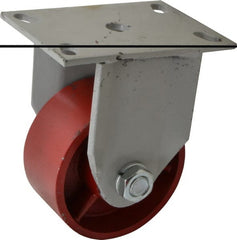 Fairbanks - 5" Diam x 2-1/2" Wide x 7-1/4" OAH Top Plate Mount Rigid Caster - Ductile Iron, 2,500 Lb Capacity, Roller Bearing, 5 x 6-1/2" Plate - Exact Tooling