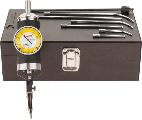 SPI - 9 Piece, 0mm to 63.5mm Measuring Range, 40mm Dial Diam, 0-25-0 Dial Reading, Yellow Dial Test Indicator Kit - 0.005mm Accuracy, 2, 4 & 6" Contact Point Length, 1/8" Ball Diam, 0.01mm Dial Graduation - Exact Tooling