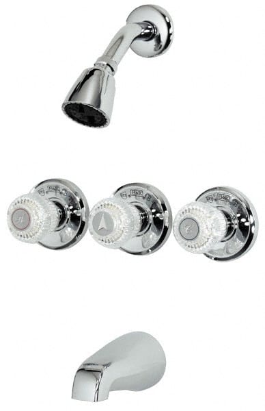 B&K Mueller - Concealed, Three Handle, Chrome Coated, Brass, Valve, Shower Head and Tub Faucet - Knob Handles, 8 Inch Mounting Centers, Acrylic Handles - Exact Tooling