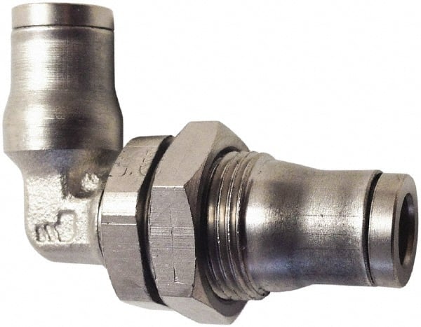 Legris - 6mm Outside Diam, Nickel Plated Brass Push-to-Connect Tube Bulkhead Union Elbow - 435 Max psi, Tube to Tube Connection, FKM O-Ring - Exact Tooling