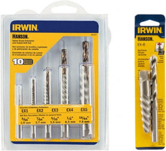Irwin Hanson - 12 Piece Spiral Flute Screw Extractor & Drill Set - Screw Range 3/16 to 3/4, 5/8 to 7/8" - Exact Tooling