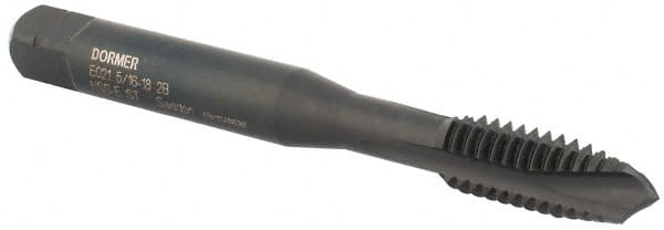 DORMER - 5/16-18 UNC, 3 Flute, Oxide Finish, Cobalt Spiral Point Tap - Plug Chamfer, Right Hand Thread, 72mm OAL, 16mm Thread Length, 8mm Shank Diam, 2B Class of Fit, Series E021 - Exact Tooling