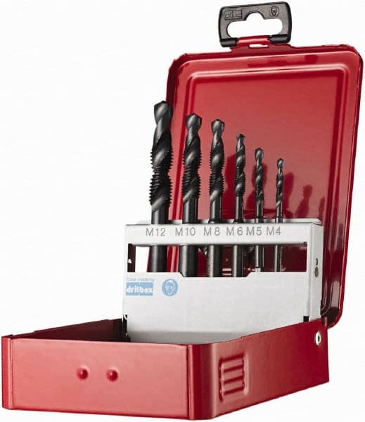 DORMER - M4x0.70 to M12x1.75 Metric Coarse, High Speed Steel Combination Drill and Tap Set - 2 Flutes, 6 Piece Set - Exact Tooling