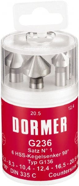 DORMER - 6 Piece, 1/4 to 0.8071" Head Diam, 90° Included Angle, Single End Countersink Set - Exact Tooling