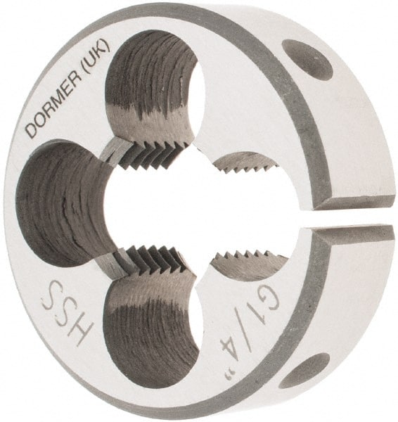 DORMER - 1/4-19 BSPP Thread, Adjustable Round Pipe Die - 1-5/16" Outside Diam, High Speed Steel, Right Hand Thread - Exact Tooling