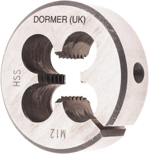 DORMER - M12x1.75 Metric Coarse Thread, 1-1/2" Outside Diam High Speed Steel Round Die - 1/2" Thick, Right Hand Thread, Series F300, Adjustable - Exact Tooling