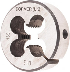 DORMER - M12x1.75 Metric Coarse Thread, 1-1/2" Outside Diam High Speed Steel Round Die - 1/2" Thick, Right Hand Thread, Series F300, Adjustable - Exact Tooling