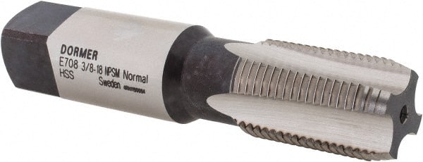 DORMER - 3/8-18 NPSM Thread, 4 Flute Standard Pipe Tap - 80mm OAL, 27mm Thread Length, Bright Finish, High Speed Steel - Exact Tooling