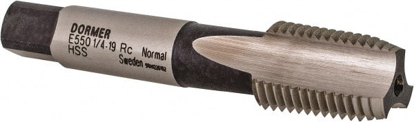 DORMER - 1/4-19" BSPT, 3 Flutes, Bottoming Chamfer, Bright Finish, High Speed Steel British Standard Pipe Tap - 0.3937" Shank Diam, 0.315" Square Size, Series E550 - Exact Tooling