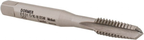 DORMER - 5/16-18 BSW 3 Flute Bright Finish High Speed Steel Straight Flute Machine Tap - Taper, Right Hand Thread, 72mm OAL, 16mm Thread Length, Oversize - Exact Tooling