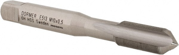 DORMER - M10x0.50 Metric Fine 6H 3 Flute Bright Finish High Speed Steel Straight Flute Machine Tap - Bottoming, Right Hand Thread, 80mm OAL, 18mm Thread Length, Oversize - Exact Tooling