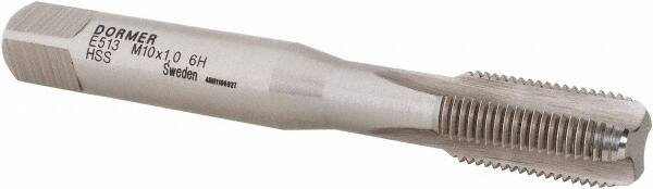 DORMER - M10x1.00 Metric Fine 6H 3 Flute Bright Finish High Speed Steel Straight Flute Machine Tap - Bottoming, Right Hand Thread, 80mm OAL, 18mm Thread Length, Oversize - Exact Tooling
