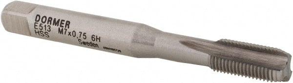 DORMER - M7x0.75 Metric Fine 6H 3 Flute Bright Finish High Speed Steel Straight Flute Machine Tap - Bottoming, Right Hand Thread, 66mm OAL, 13mm Thread Length, Oversize - Exact Tooling