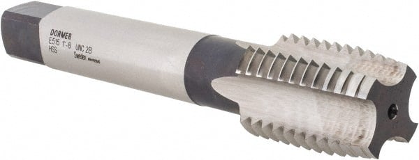 DORMER - 1-8 UNC 2B 4 Flute Bright Finish High Speed Steel Straight Flute Machine Tap - Plug, Right Hand Thread, 130mm OAL, 35mm Thread Length, Oversize - Exact Tooling