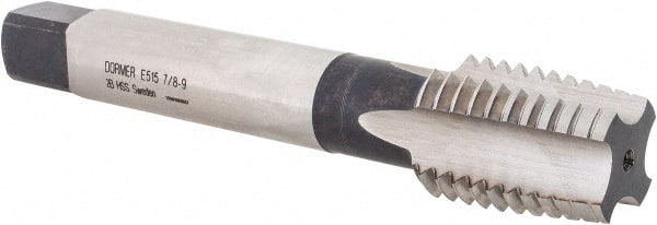 DORMER - 7/8-9 UNC 2B 4 Flute Bright Finish High Speed Steel Straight Flute Machine Tap - Taper, Right Hand Thread, 118mm OAL, 29mm Thread Length, Oversize - Exact Tooling