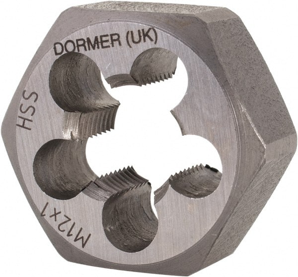 DORMER - M12x1.00 Metric Fine Thread, Right Hand Thread, Hex Rethreading Die - High Speed Steel, 7/16" Thick, Series F312 - Exact Tooling