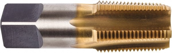 Union Butterfield - 3/8-18 NPT Thread, 4 Flute Standard Pipe Tap - 2-9/16" OAL, 1-1/16" Thread Length, 0.7" Shank Diam, TiN Finish, High Speed Steel - Exact Tooling