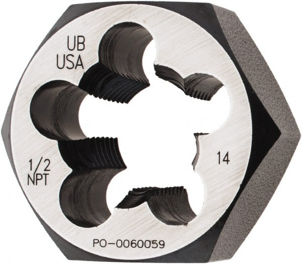 Union Butterfield - 1/2-14 NPT, 1-5/8" Hex, Right Hand, Hex Rethreading Die - 3/4" Thick, Adjustable, Chromium Steel, Series 2025 - Exact Tooling