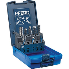 PFERD - 8 Pc Double Cut Burr Set with Cylinder, Cylinder w/Rad End, Ball, Tree w/Rad End, Tree w/Pointed End, Taper - Exact Tooling