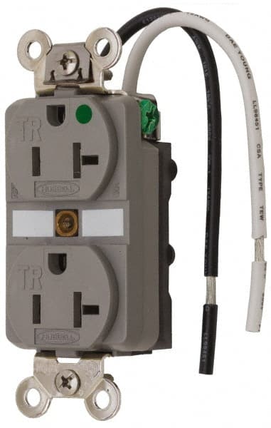 Hubbell Wiring Device-Kellems - 125 VAC, 20 Amp, 5-20R NEMA Configuration, Gray, Hospital Grade, Self Grounding Duplex Receptacle - 1 Phase, 2 Poles, 3 Wire, Flush Mount, Chemical, Corrosion and Impact Resistant, Tamper Resistant - Exact Tooling