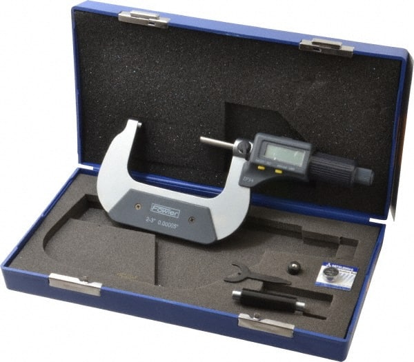 Fowler - 2 to 3 Inch Range, 0.0001 Inch Resolution, Standard Throat, IP54 Electronic Outside Micrometer - 0.0002 Inch Accuracy, Friction Thimble, 357 Battery, Data Output, Includes Case and Wrench - Exact Tooling