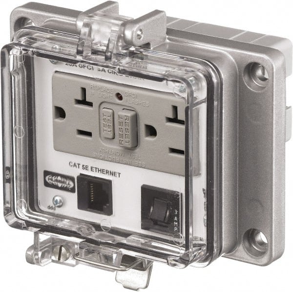 Hubbell Wiring Device-Kellems - 1 Port, 3 Power Receptacle, Ethernet, Clear Data Port Receptacle - 4.79 Inch Long x 1.61 Inch Deep x 5.08 Inch Wide, Aluminum, Surface Mount, Gray - Exact Tooling