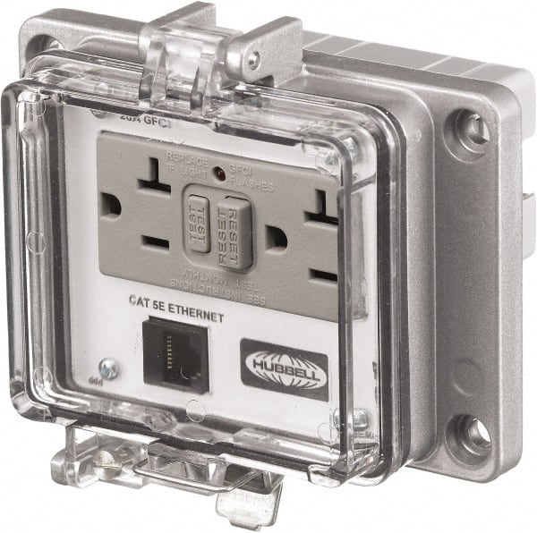 Hubbell Wiring Device-Kellems - 1 Port, 3 Power Receptacle, Ethernet, Clear Data Port Receptacle - 4.79 Inch Long x 1.61 Inch Deep x 5.08 Inch Wide, Aluminum, Surface Mount, Gray - Exact Tooling
