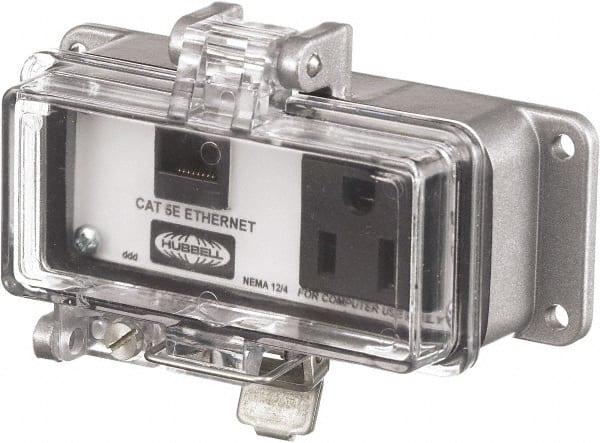 Hubbell Wiring Device-Kellems - 1 Port, 1 Power Receptacle, Ethernet, Clear Data Port Receptacle - 3.2 Inch Long x 1.6 Inch Deep x 4.45 Inch Wide, Aluminum, Surface Mount, Gray - Exact Tooling