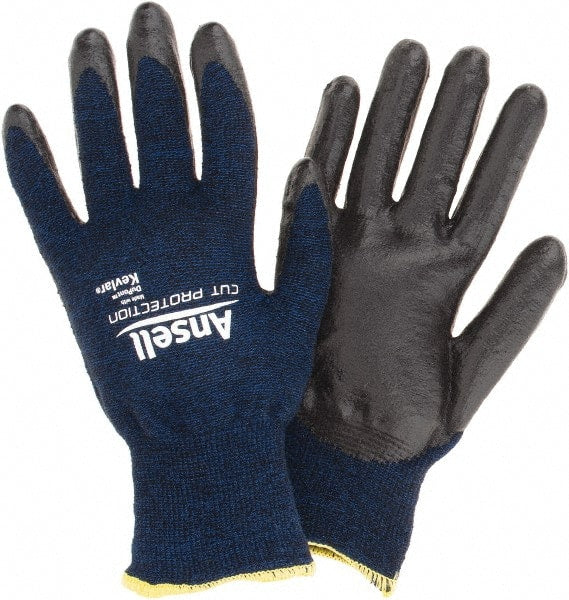 Ansell - Size M, ANSI Cut Lvl A4, Abrasion Lvl 5, Cut Resistant Gloves - Palm Coated, Black/Blue - Exact Tooling