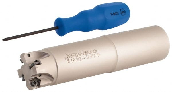 Iscar - 30° Lead Angle, 1-1/4" Max Cut Diam, 0.88" Min Cut Diam, 0.08" Max Depth of Cut, Indexable Chamfer and Angle End Mill - 4 Inserts, H600 WXCU 05 Insert Style, 5-1/2" Overall Length, Through Coolant, Straight Shank - Exact Tooling