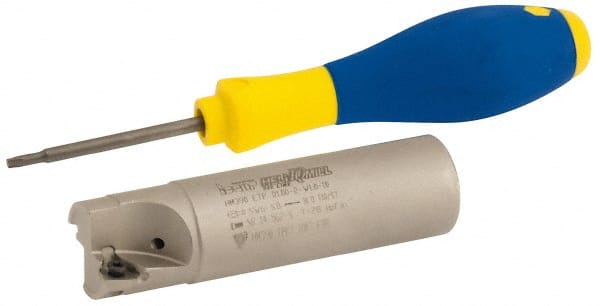 Iscar - 1" Cut Diam, 0.315" Max Depth of Cut, 1" Shank Diam, 3-3/4" OAL, Indexable Square Shoulder Helical End Mill - HM390 TPKT 1003 Inserts, Weldon Shank, 90° Lead Angle, Through Coolant, Series HeliIQMill - Exact Tooling