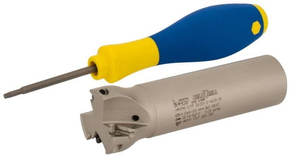 Iscar - 1-1/4" Cut Diam, 0.315" Max Depth of Cut, 1" Shank Diam, 4" OAL, Indexable Square Shoulder Helical End Mill - HM390 TPKT 1003 Inserts, Weldon Shank, 90° Lead Angle, Through Coolant, Series HeliIQMill - Exact Tooling