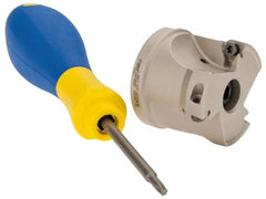 Iscar - 3 Inserts, 1-1/2" Cut Diam, 1/2" Arbor Diam, 0.315" Max Depth of Cut, Indexable Square-Shoulder Face Mill - 0/90° Lead Angle, 1.37" High, HM390 TPKT 1003 Insert Compatibility, Through Coolant, Series HeliIQMill - Exact Tooling