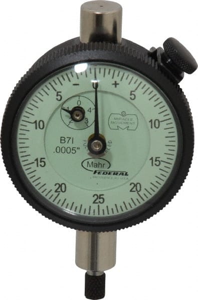 Mahr - 1/8" Range, 0-25-0 Dial Reading, 0.0005" Graduation Dial Drop Indicator - 1-3/4" Dial, 0.05" Range per Revolution, 0.0005" Accuracy, Revolution Counter - Exact Tooling