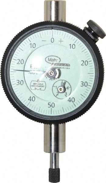 Mahr - 1/4" Range, 0-50-0 Dial Reading, 0.001" Graduation Dial Drop Indicator - 1-3/4" Dial, 0.1" Range per Revolution, 0.001" Accuracy, Revolution Counter - Exact Tooling