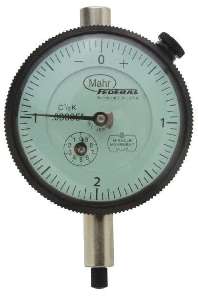 Mahr - 0.5mm Range, 0-10-0 Dial Reading, 0.002" Graduation Dial Drop Indicator - 45mm Dial, 0.2mm Range per Revolution, 0.004mm Accuracy, Revolution Counter - Exact Tooling