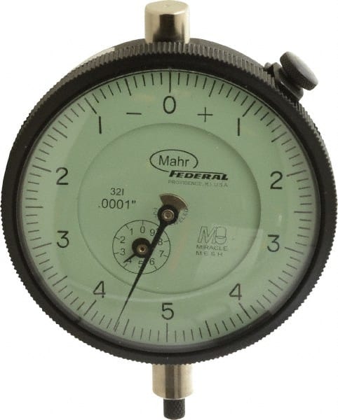 Mahr - 0.025" Range, 0-5-0 Dial Reading, 0.0001" Graduation Dial Drop Indicator - 2-3/4" Dial, 0.01" Range per Revolution, 0.0001" Accuracy, Revolution Counter - Exact Tooling