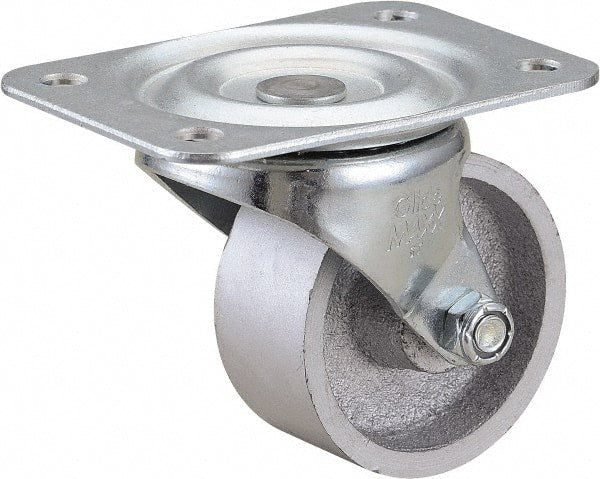 Value Collection - 2-1/2" Diam x 1-1/8" Wide x 3-1/4" OAH Top Plate Mount Swivel Caster - Cast Iron, 200 Lb Capacity, Self-Lubricating Bearing, 2-3/4 x 3-3/4" Plate - Exact Tooling
