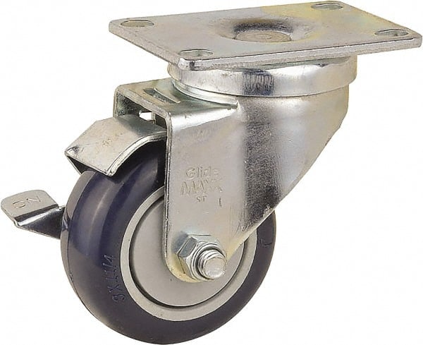 Value Collection - 3" Diam x 1-1/4" Wide x 4-3/8" OAH Top Plate Mount Swivel Caster with Brake - Polyurethane, 300 Lb Capacity, Ball Bearing, 2-7/8 x 3-5/8" Plate - Exact Tooling