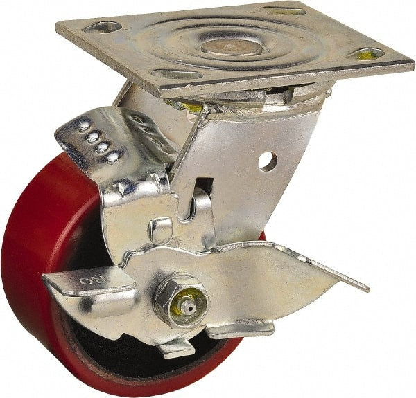 Value Collection - 4" Diam x 2" Wide x 5-5/8" OAH Top Plate Mount Swivel Caster with Brake - Polyurethane, 700 Lb Capacity, Roller Bearing, 4 x 4-1/2" Plate - Exact Tooling