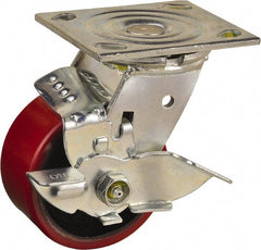 Value Collection - 4" Diam x 2" Wide x 5-5/8" OAH Top Plate Mount Swivel Caster with Brake - Polyurethane, 700 Lb Capacity, Roller Bearing, 4 x 4-1/2" Plate - Exact Tooling