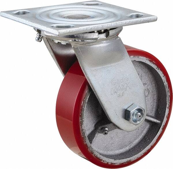 Value Collection - 5" Diam x 1-1/2" Wide x 6-1/2" OAH Top Plate Mount Swivel Caster - Polyurethane, 800 Lb Capacity, Roller Bearing, 4 x 4-1/2" Plate - Exact Tooling