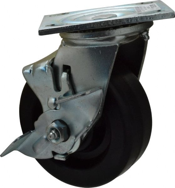 Value Collection - 5" Diam x 2" Wide x 6-1/2" OAH Top Plate Mount Swivel Caster with Brake - Phenolic, 1,000 Lb Capacity, Roller Bearing, 4 x 4-1/2" Plate - Exact Tooling