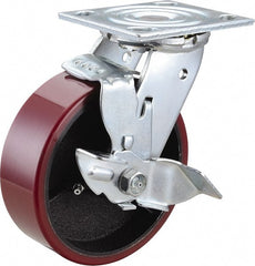 Value Collection - 6" Diam x 2" Wide x 7-1/2" OAH Top Plate Mount Swivel Caster with Brake - Polyurethane, 1,200 Lb Capacity, Roller Bearing, 4 x 4-1/2" Plate - Exact Tooling
