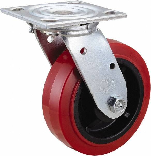 Value Collection - 6" Diam x 2" Wide x 7-1/2" OAH Top Plate Mount Swivel Caster - Polyurethane, 600 Lb Capacity, Roller Bearing, 4 x 4-1/2" Plate - Exact Tooling