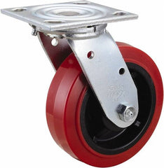 Value Collection - 6" Diam x 2" Wide x 7-1/2" OAH Top Plate Mount Swivel Caster - Polyurethane, 600 Lb Capacity, Roller Bearing, 4 x 4-1/2" Plate - Exact Tooling