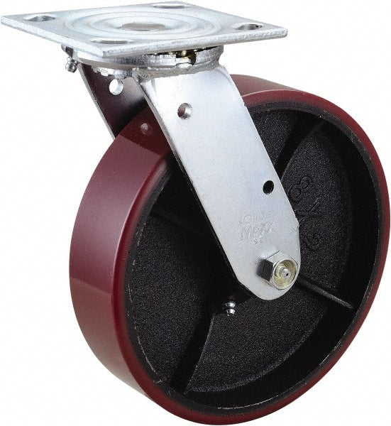 Value Collection - 8" Diam x 2" Wide x 9-1/2" OAH Top Plate Mount Swivel Caster - Polyurethane, 1,200 Lb Capacity, Roller Bearing, 4 x 4-1/2" Plate - Exact Tooling