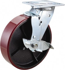 Value Collection - 8" Diam x 2" Wide x 9-1/2" OAH Top Plate Mount Swivel Caster with Brake - Polyurethane, 1,200 Lb Capacity, Roller Bearing, 4 x 4-1/2" Plate - Exact Tooling