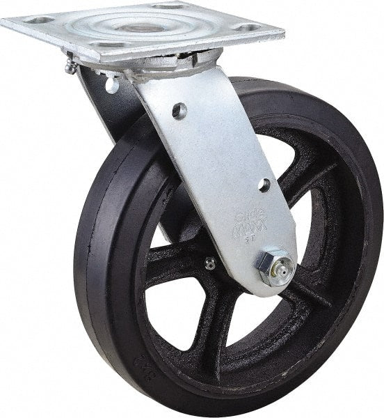 Value Collection - 8" Diam x 2" Wide x 9-1/2" OAH Top Plate Mount Swivel Caster - Rubber, 600 Lb Capacity, Roller Bearing, 4 x 4-1/2" Plate - Exact Tooling
